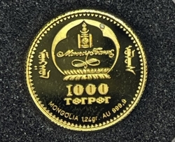 Золотая монета 1000 тугриков "Гений тысячелетия Леонардо да Винчи" 1999г., 1,24г., Au 999