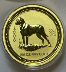 Золотая монета 15 долларов "Год Собаки" 2006 г., Лунный календарь, Австралия, Au 9999, 3,11 г.